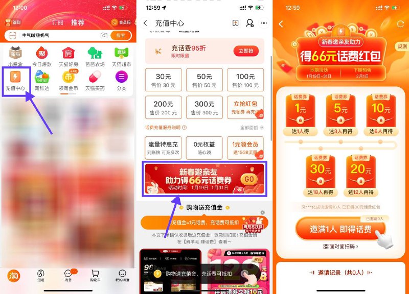 【淘宝18人助力34充100元话费】新一期！淘宝APP首页“充值中心”->下拉点击横幅进入->邀请18个好友助力得66元话费券，可34充100元话费