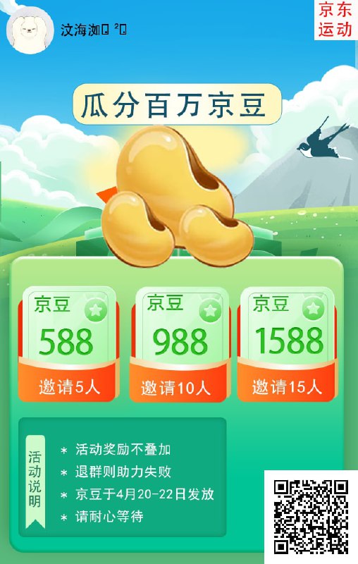 5人588豆  京东官方活动本次助力数据20号统计的之前助力成功者中途退群一律失效京豆于4月20-22日发放，请耐心等待